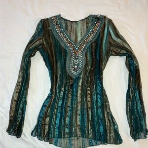 Beaded V-Neck Striped Sheer Long-Sleeve Top - Teal & Olive